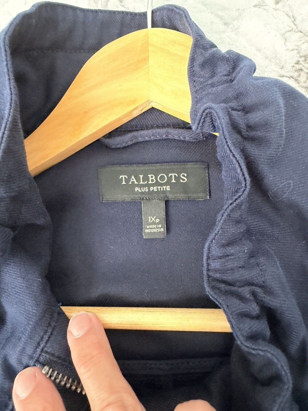 Talbots Plus Petite 1XP Navy Utility Field Jacket Ruffle Collar Drawstring - Picture 10 of 10